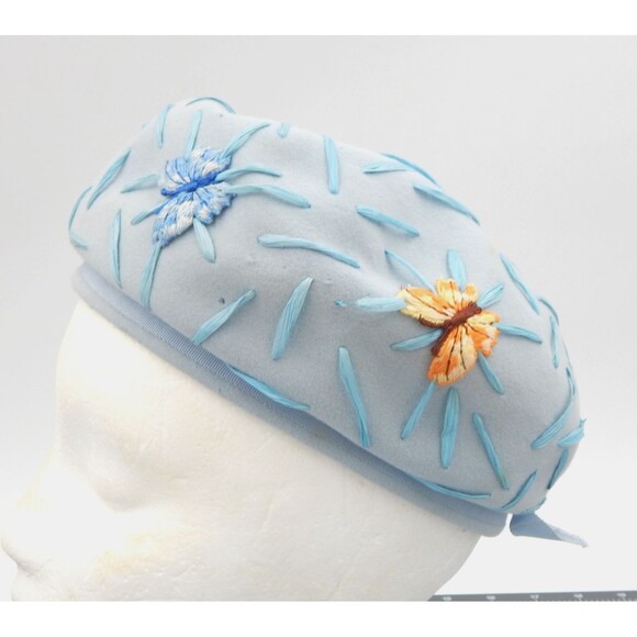 Vintage Womens Felt Beret Hat Blue Butterfly Applique Meyer Brothers Raffia main image 4